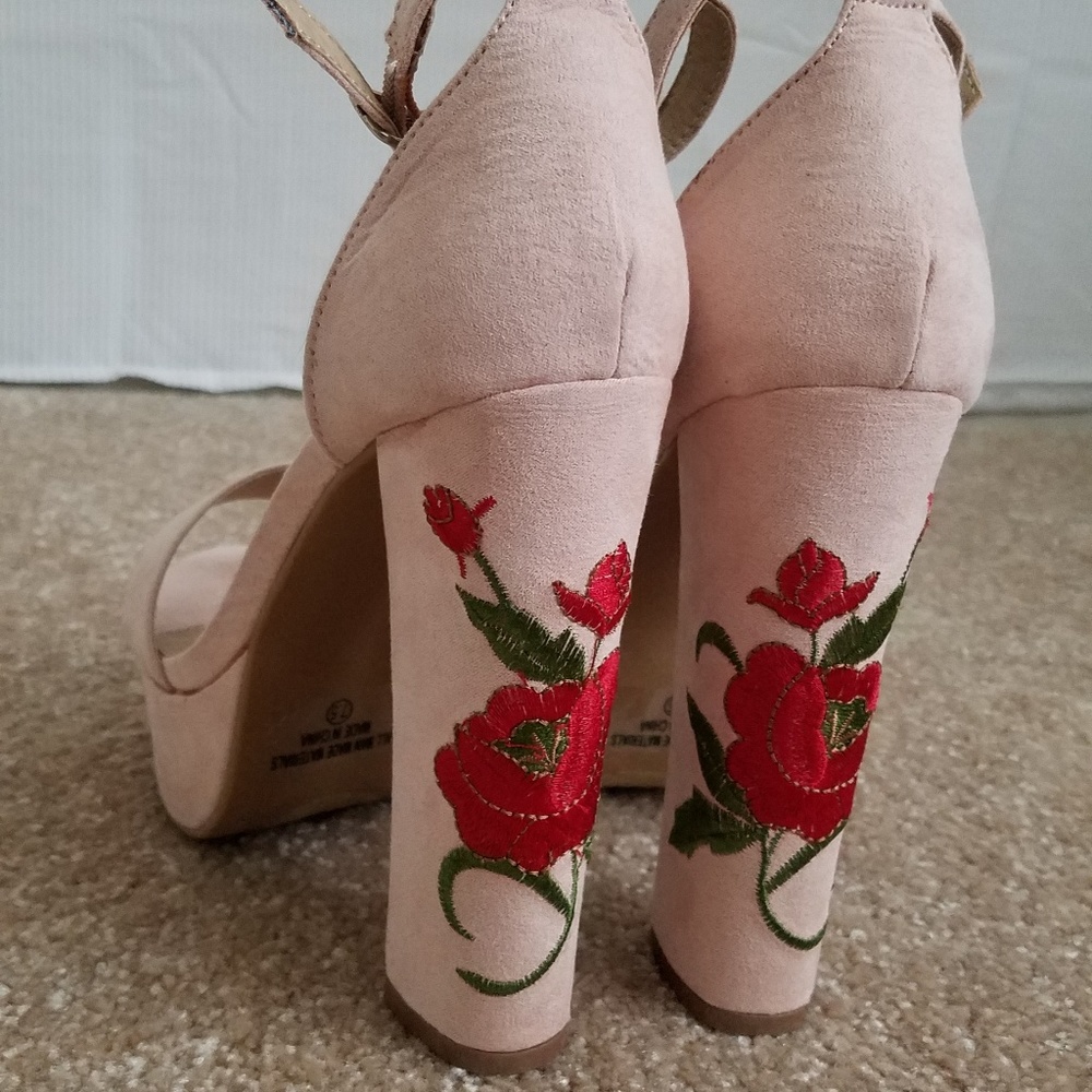 Rose Embroidered Pink Heels